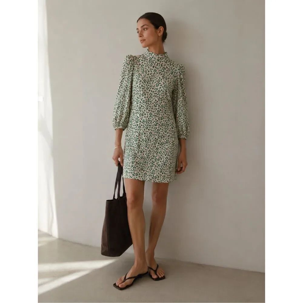 GANNI Green Floral lightweight Crepe Mini Dress Mock Neck Puff Sleeve Scandinavi